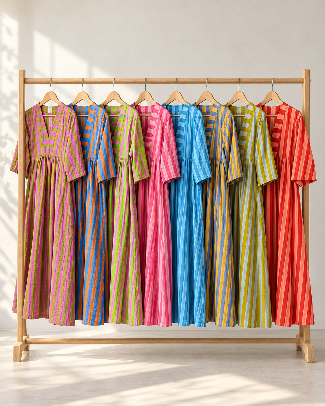 Parag Artex striped dresses on wooden hangers