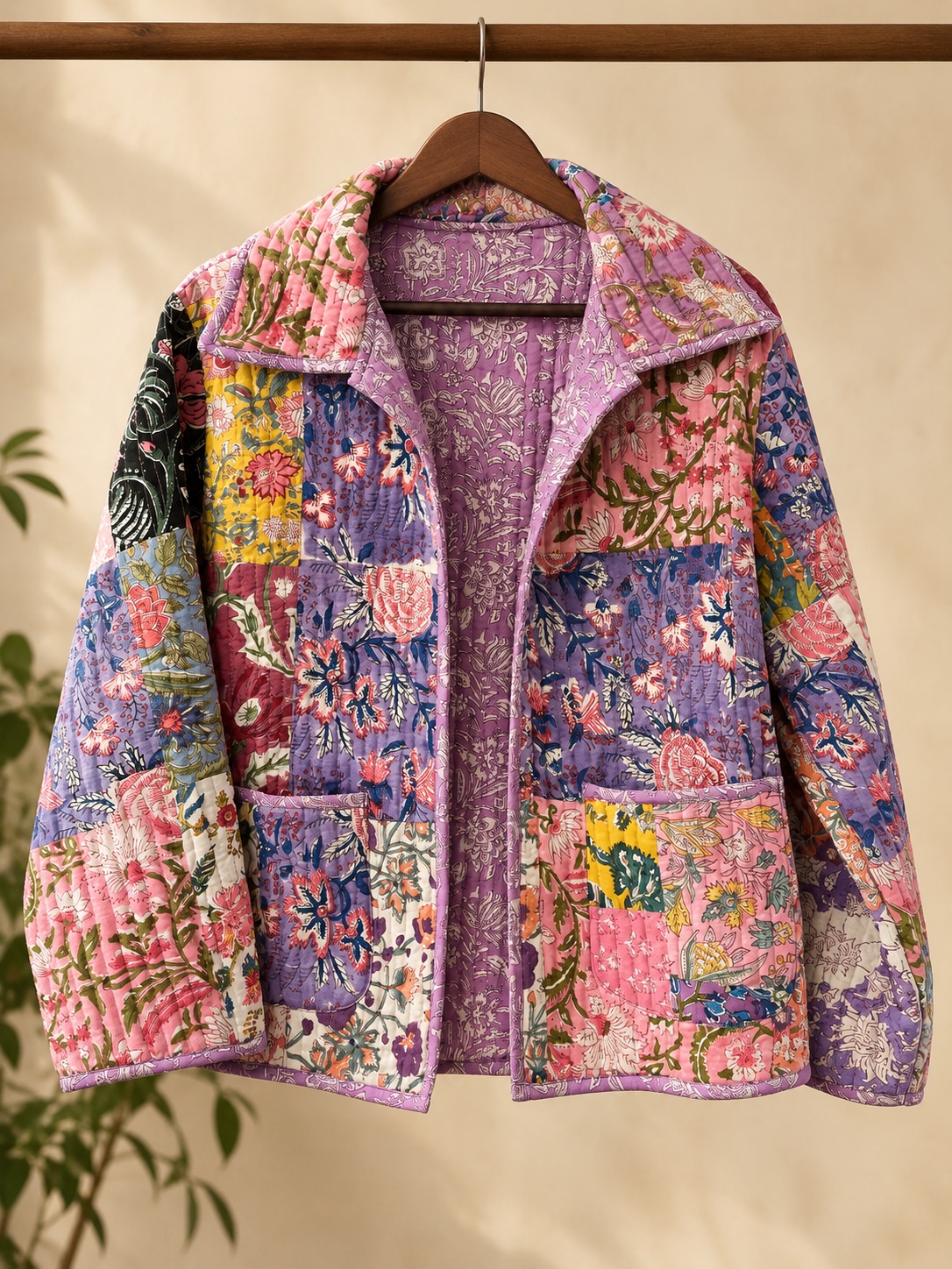 Quilted patchwork jacket on a wooden hanger